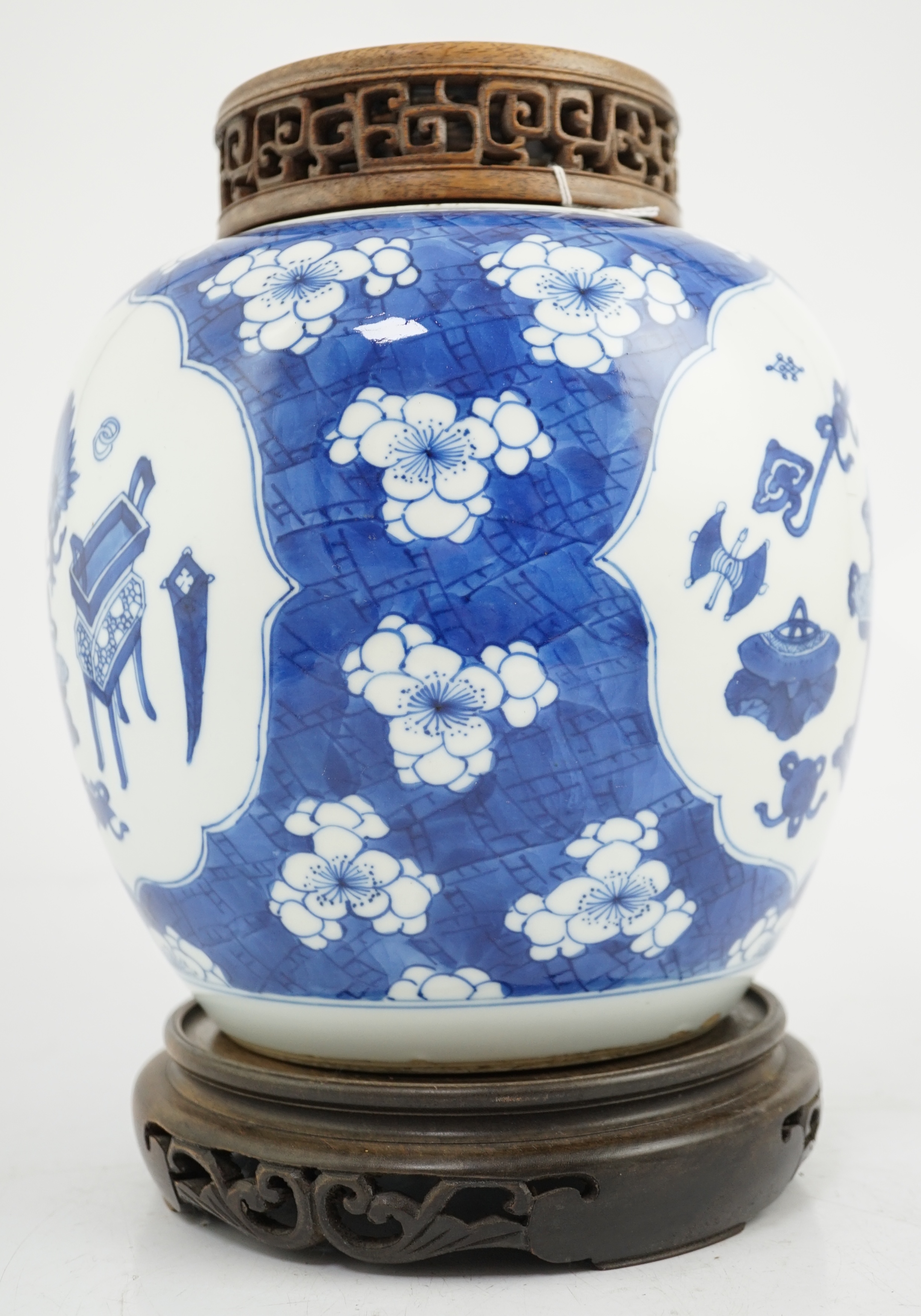 A Chinese blue and white ‘Antiques’ jar, Kangxi period, cracked